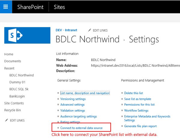 SharePoint connect to external data source