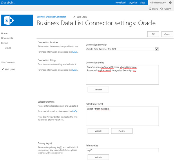 Oracle & SharePoint Integration settings in the Buisness Data List Connector