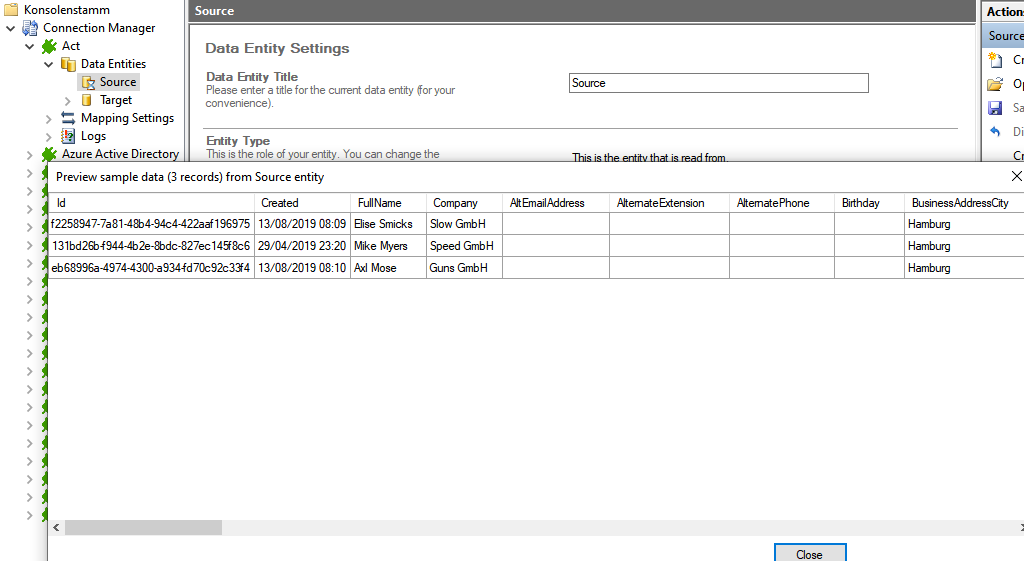 Preview data of ActCRM integration