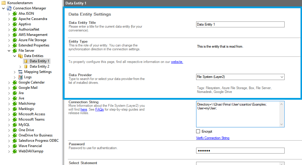 Screenshot of Data Entity Settings for a File Server integration