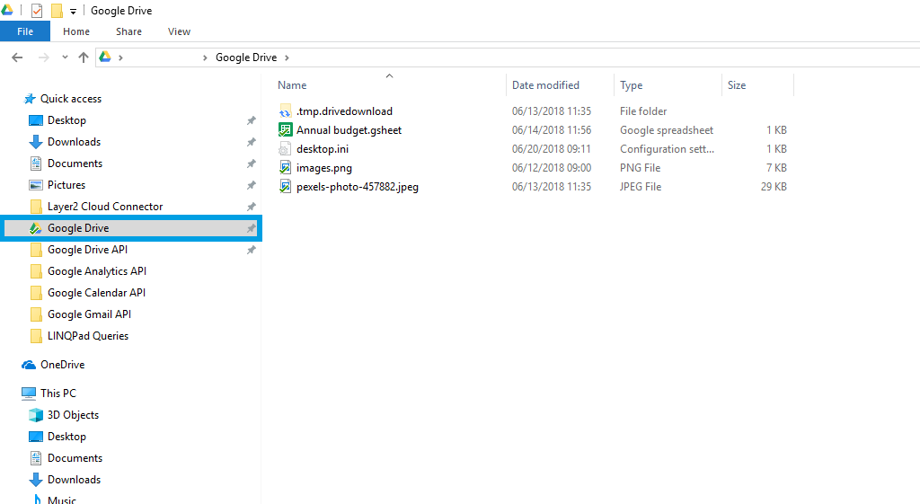 Example of Google Drive Data for the data integration with the Layer2 Cloud Connector