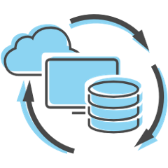 Layer2 Cloud Connector sync icon: a blue cloud, computer screen and database symbol sorrounded and connected by 3 arrows arranged in a circle.