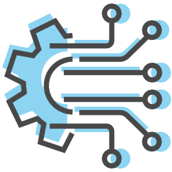 Layer2 Cloud Connector data integration icon: one half of a blue gear with 6 lines leading to 6 circles, symbolizing the synced systems.