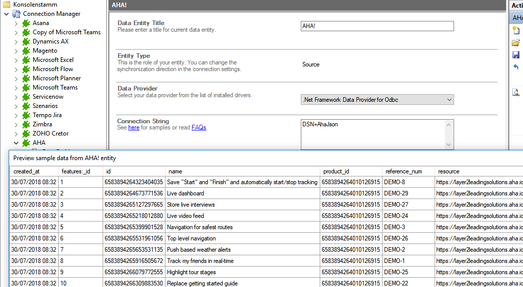 Preview data of aha! integration