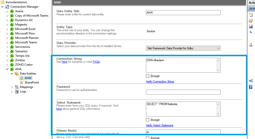 connection string setup for aha! data integration in the Layer2 Cloud Connector