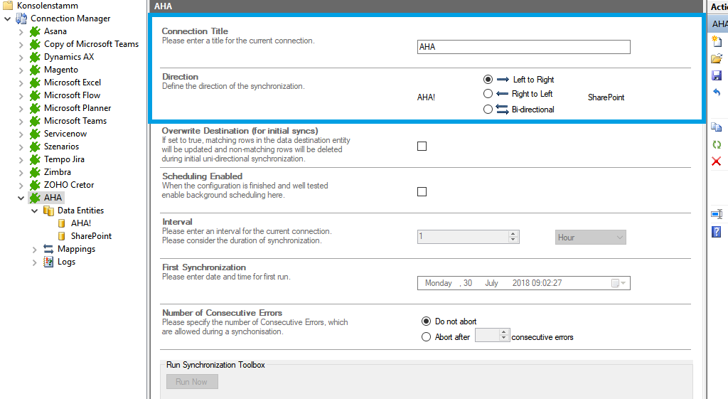 Connection setup for aha! integration in the Layer2 Cloud Connector