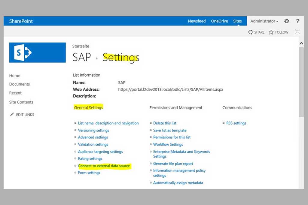 Connect SharePoint to External Data Source in List Settings Connect SharePoint to External Data Source in List Settings