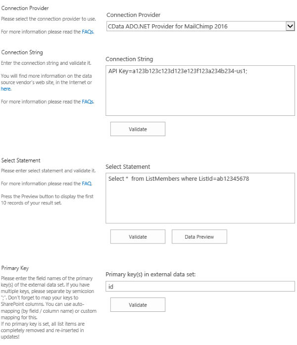 Configuration sample for SharePoint and MailChimp Integration