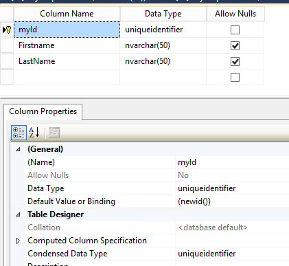 Sample SQL table with GUID as primary key