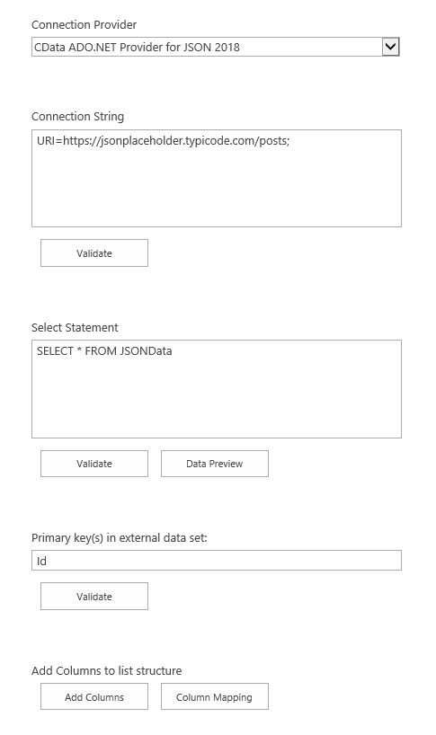 Sample Connection configuration to connect to JSON (Layer2 Business Data List Connector Screenshot)