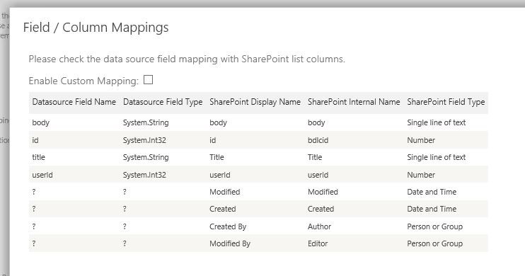 Field Mapping for JSON Data Integration with SharePoint (Layer2 Business Data List Connector Screenshot)
