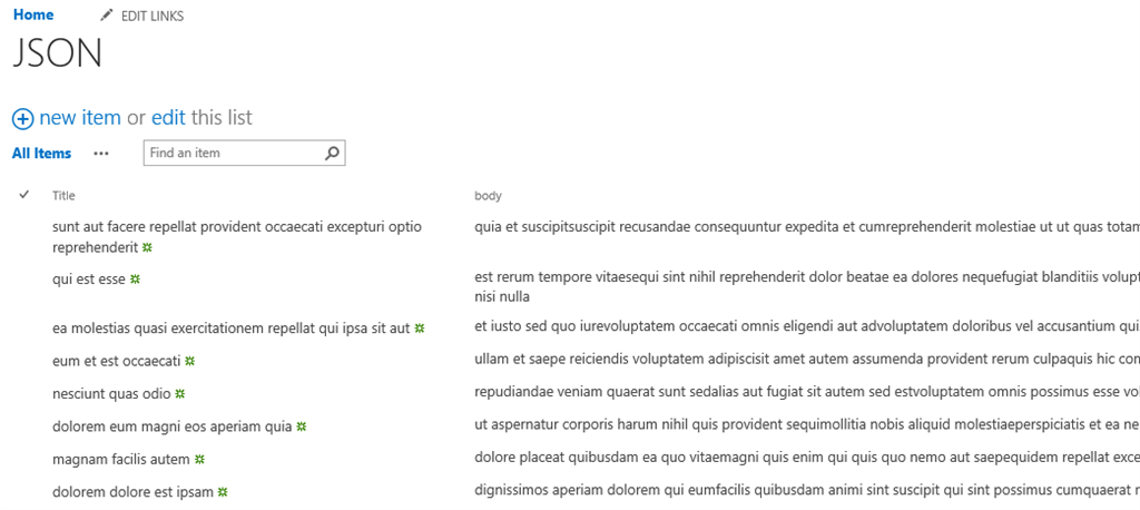 Screenshot of Synced list with JSON external data via Layer2 Business Data List Connector