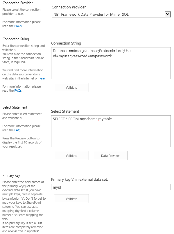 Connection example of Mimer SharePoint Integration