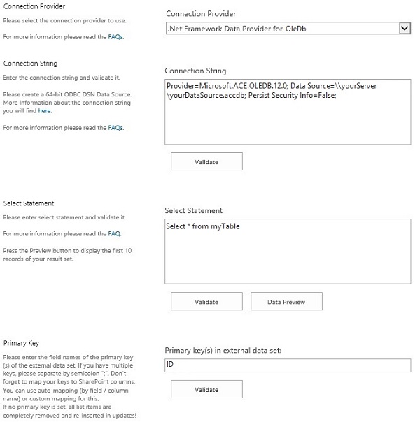 Sample Connection of the configuration with OLEDB and SharePoint