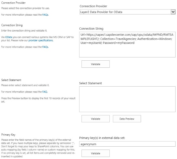 Sample of configuration settings for SAP