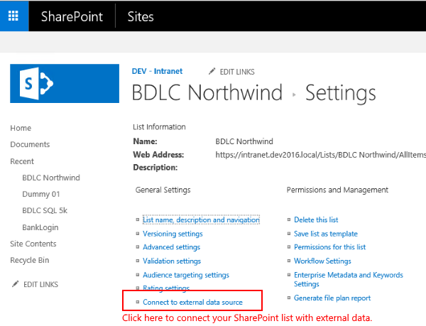 sharepoint external list settings