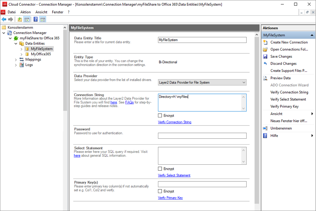 Screenshot of Layer2 Cloud Connector connection manager while entering a connection string.