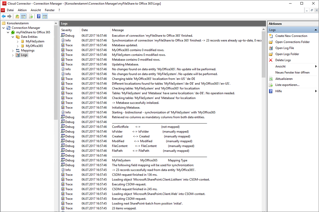 Screenshot of sample logs in Layer2 Cloud Connector.