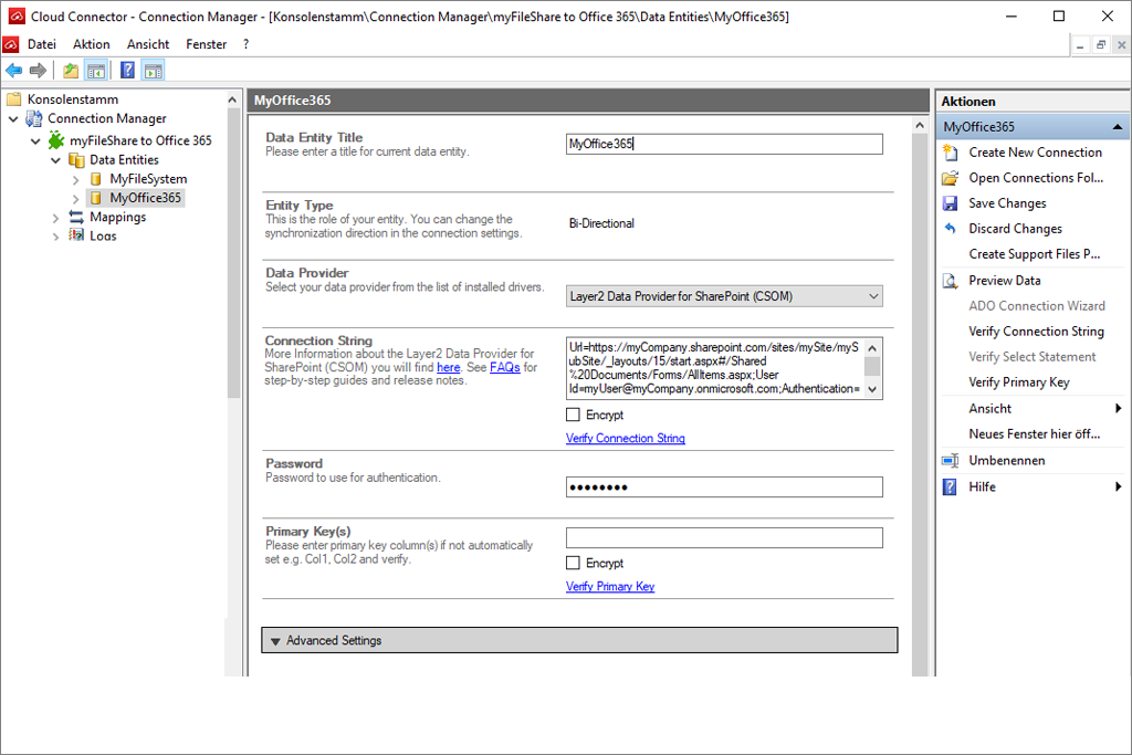 Acreenshot of Layer2 Cloud Connector connection manager view when all fields are filled.