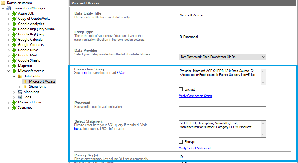 connection string setup in the Layer2 Cloud Connector for access integration