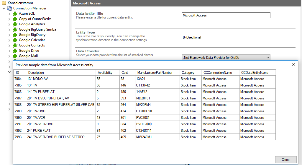 Preview data for access integration