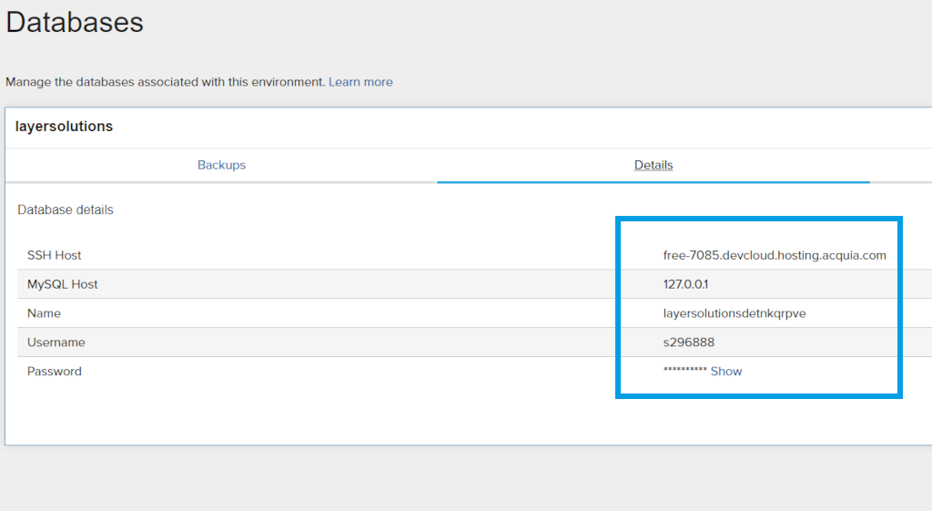 Acquia Databases Information