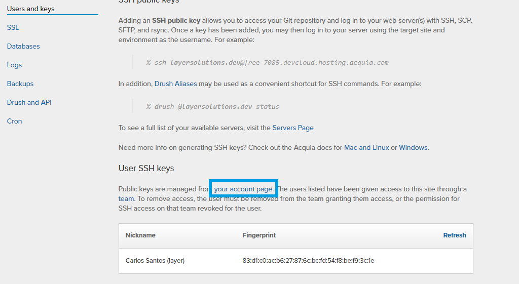 Acquia SSH page load open