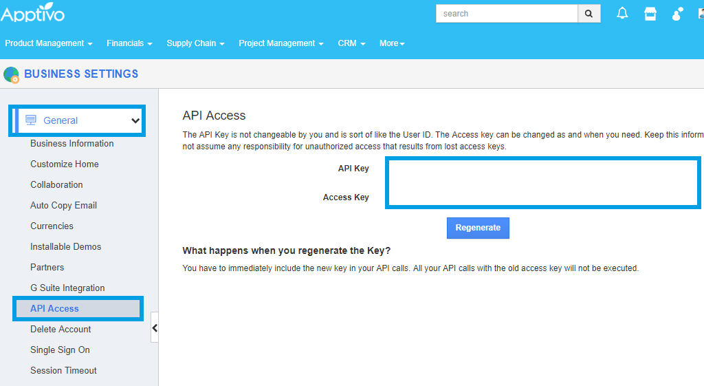 Apptivo API Key and access