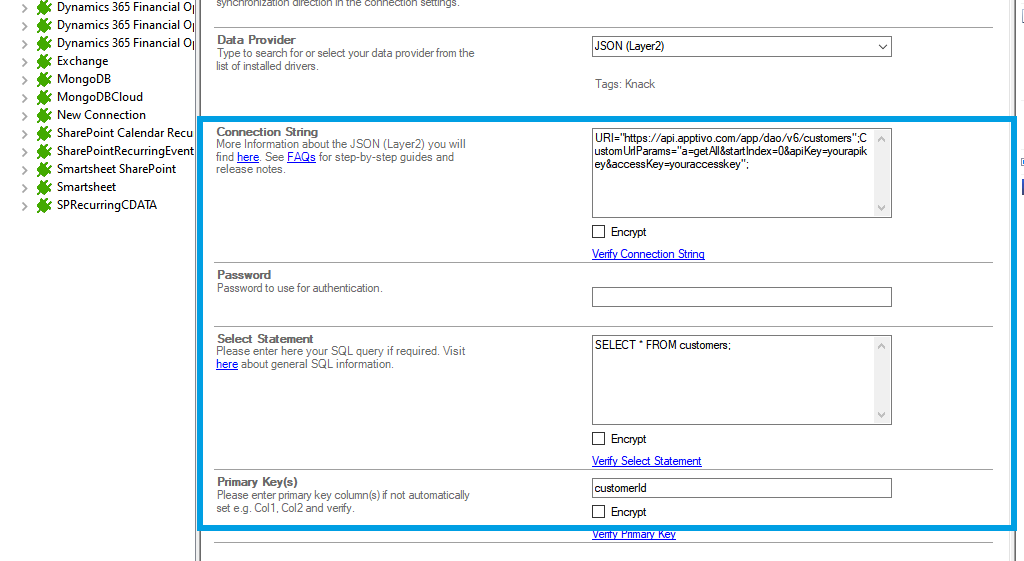 Connection string setup for apptivo data integration in the Layer2 Cloud Connector