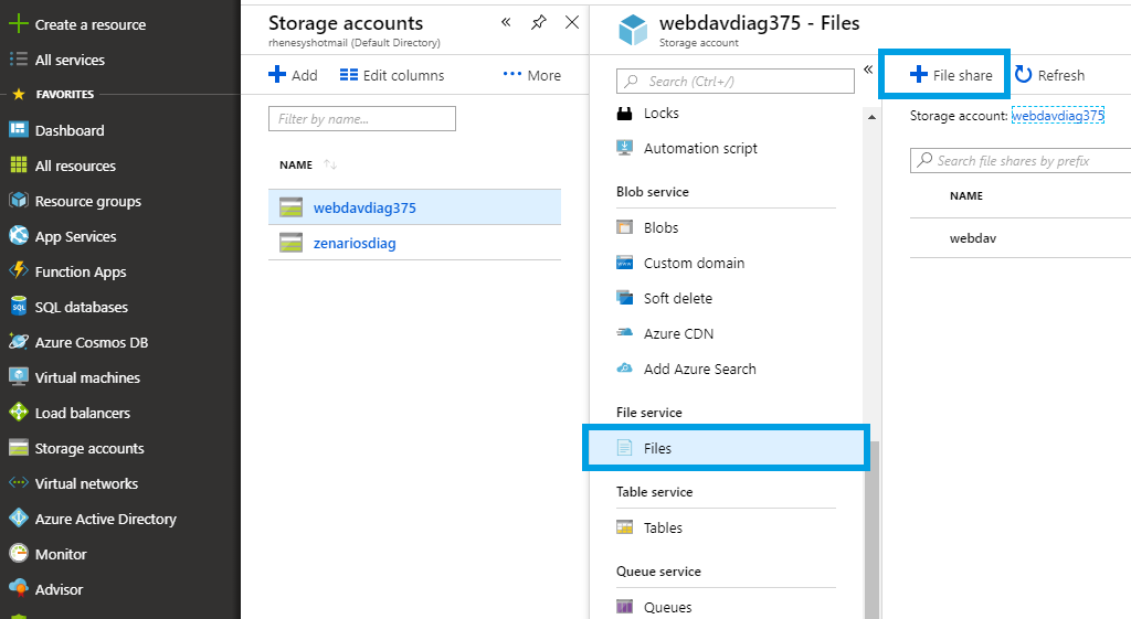 Screenshot of how to create a Azure file share