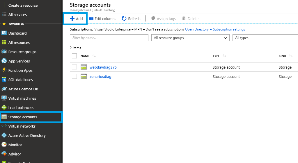 Screenshot of how to create a Azure storage