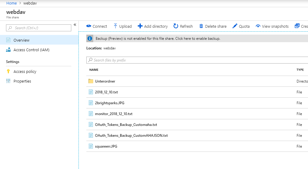 Screenshot of data overview of Azure File Storage integration