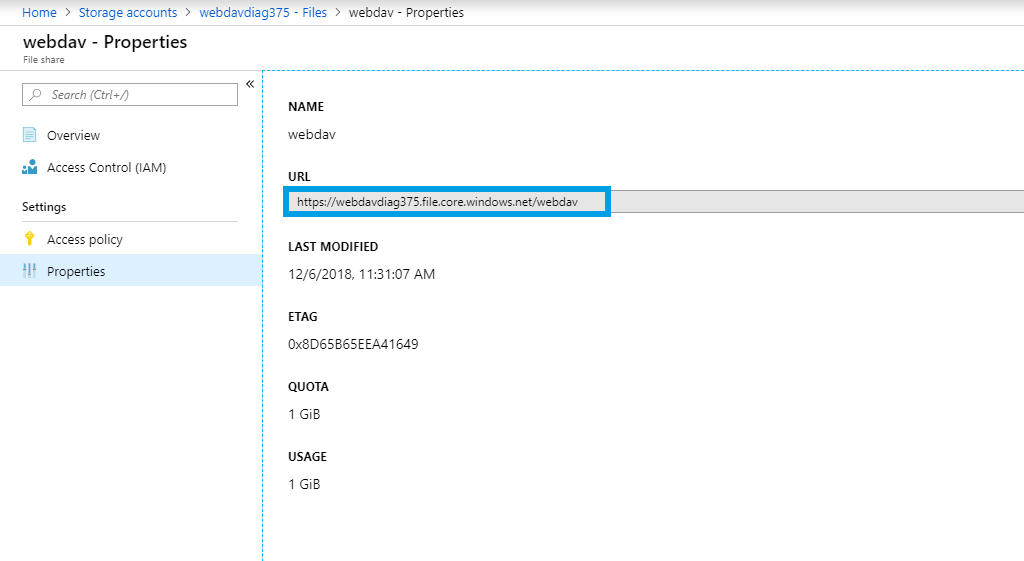 Screenshot of the Azure file storage URL