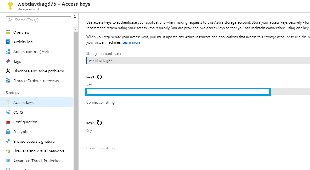 Screenshot of where to find your Azure keys