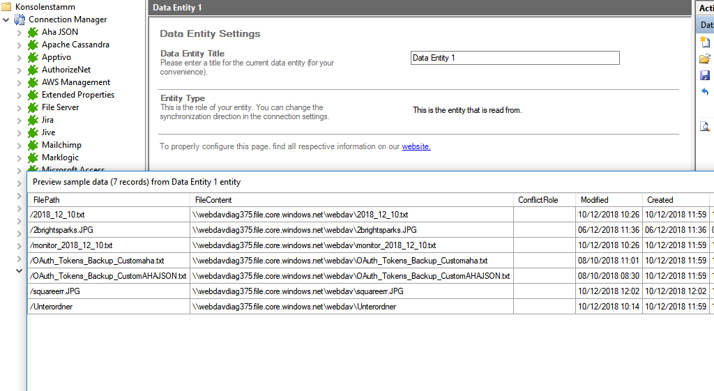 Screenshot of Azure File Storage integration data preview