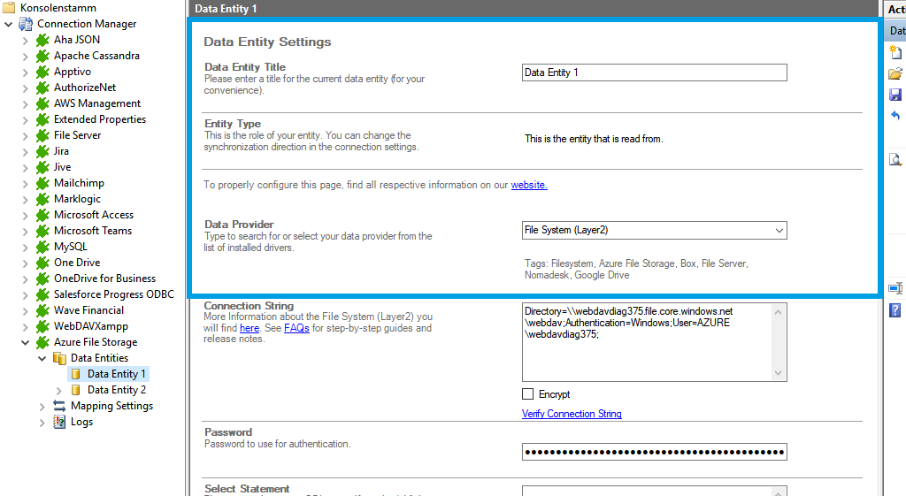 Screenshot of setup for Azure File Storage integration in Layer2 Cloud Connector