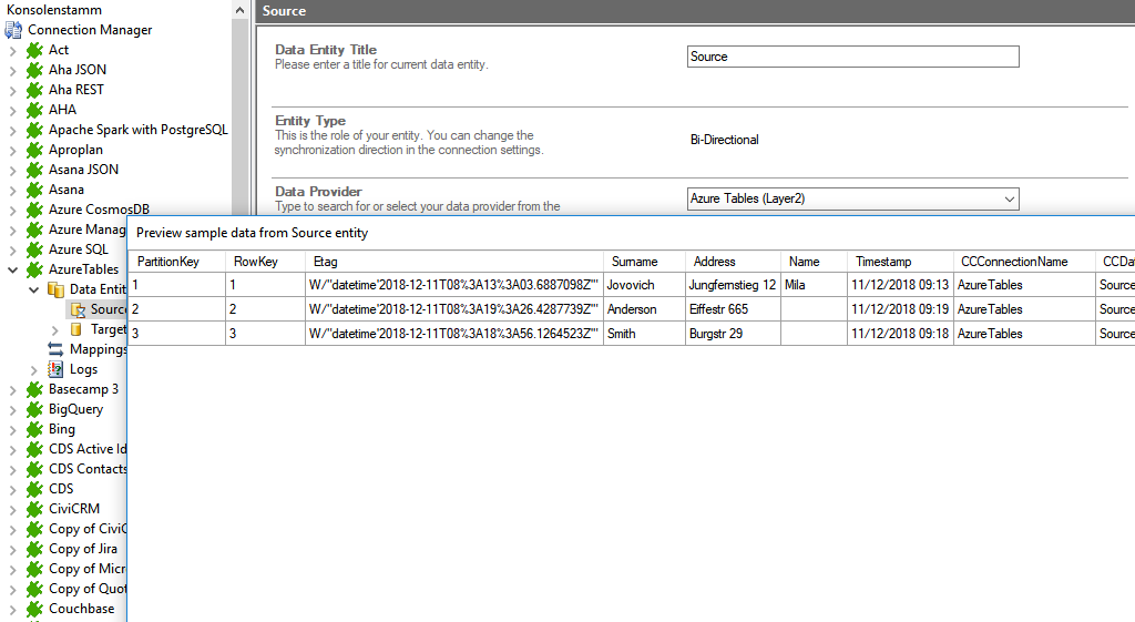 Preview data of Azure Tables integration