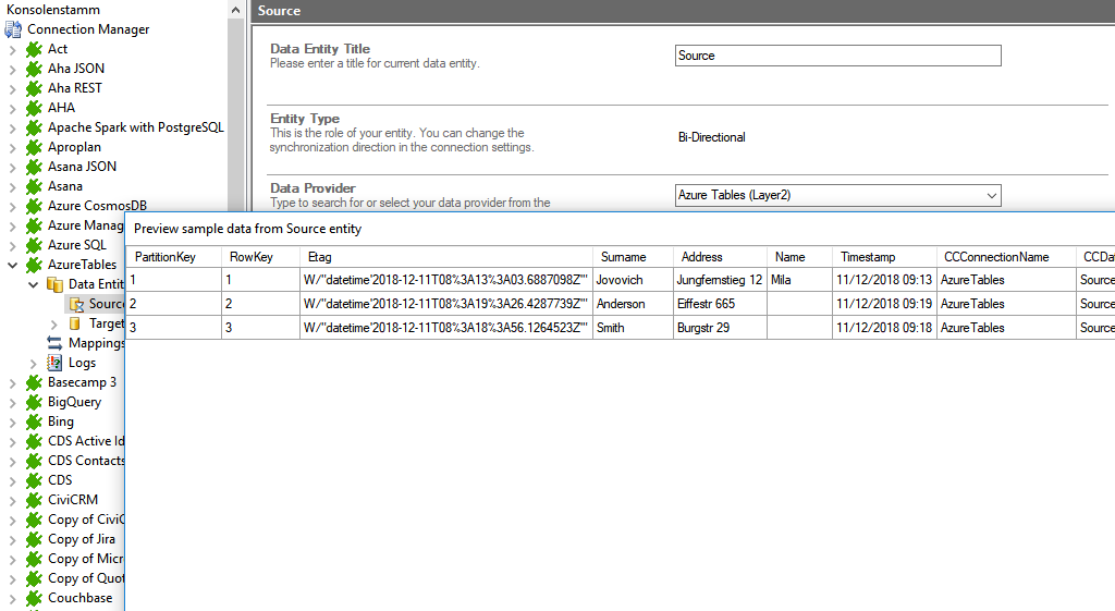 Preview data of azure tables integration in the Layer2 Cloud Connector