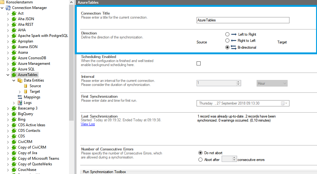 Step 1 Azure Tables connection setup