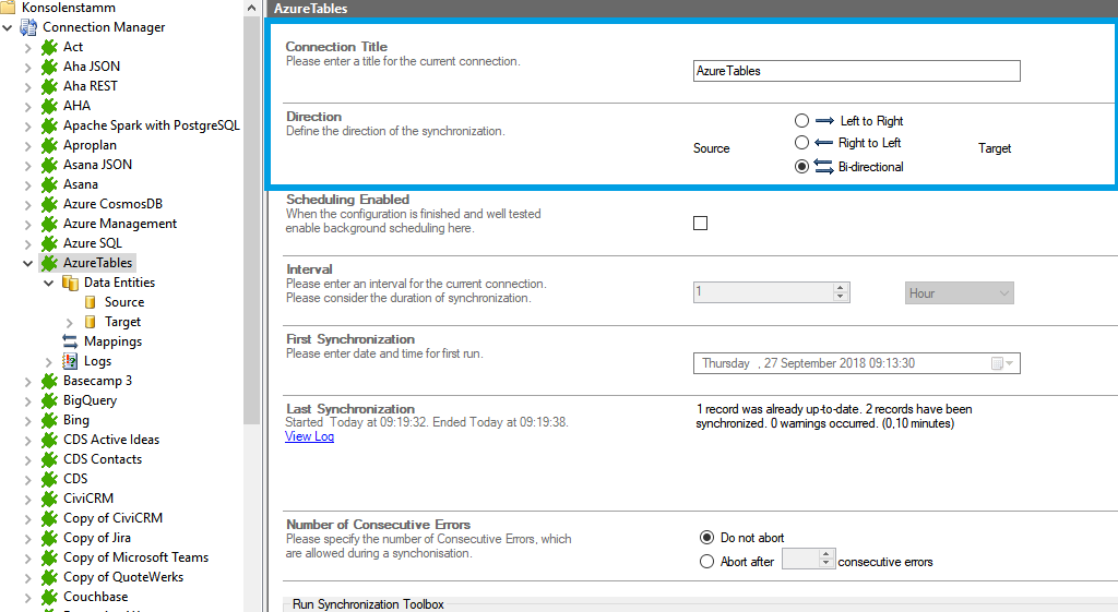Connection setup for azure tables in the Layer2 Cloud Connector