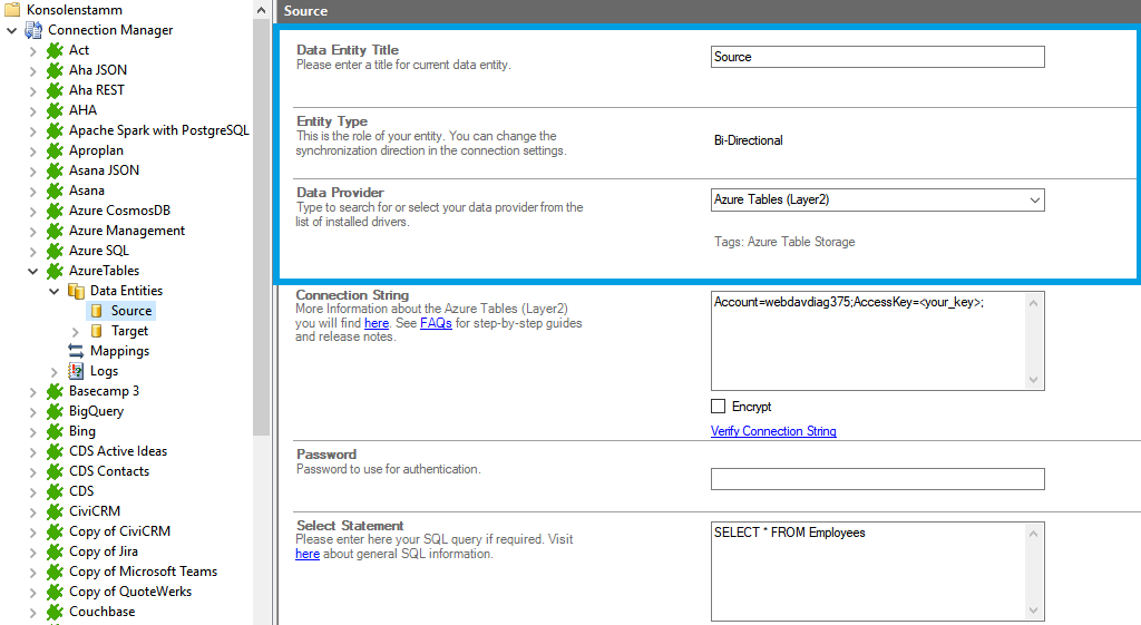 Step 2 Azure Tables integration source setup