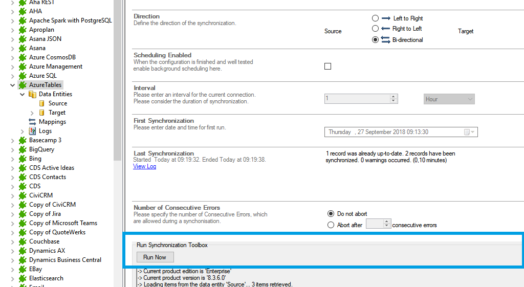 Start the data integration of azure tables