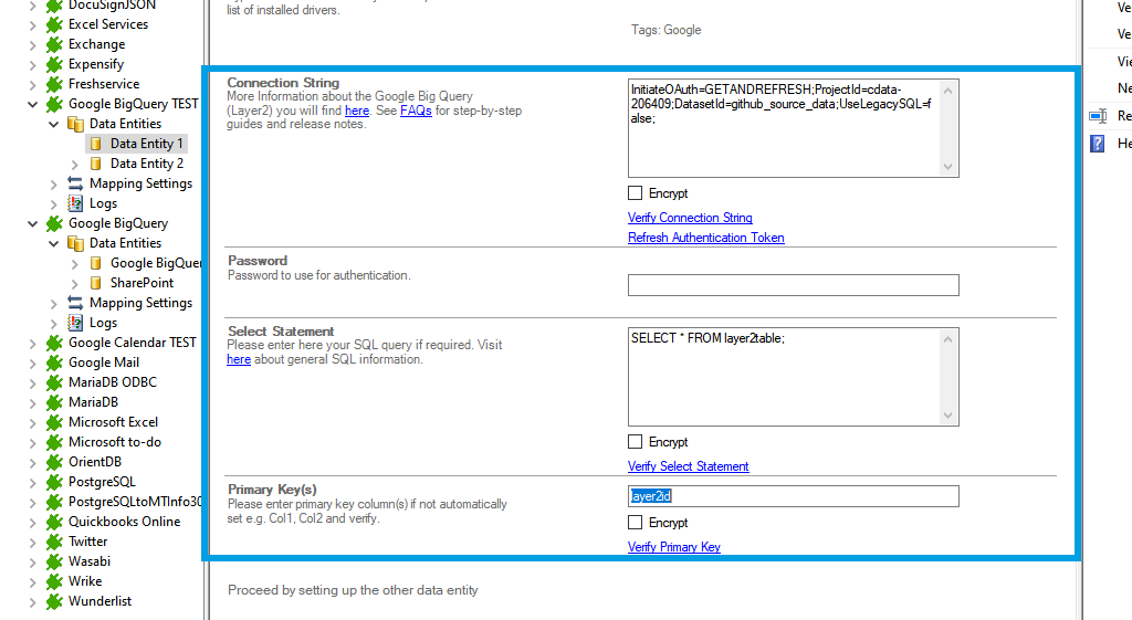 Step 2.5 Google BigQuery integration connection string setup