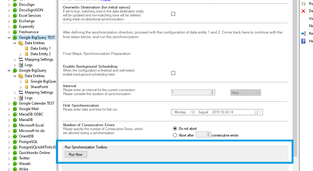 Start the data integration of Google BigQuery