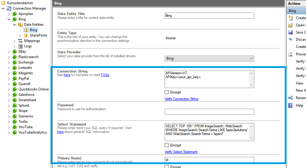 Connection string setup for Bing Search data integration in the Layer2 Cloud Connector.