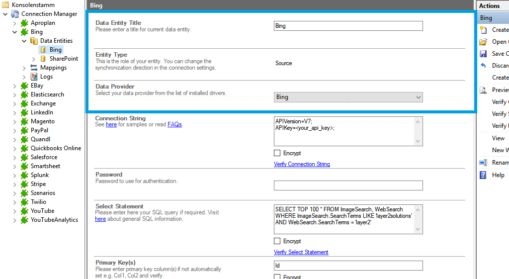 Source setup for Bing Search integration in the Layer2 Cloud Connector