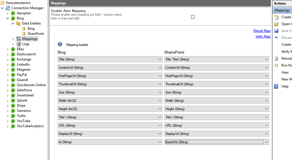 Mapping in the Layer2 Cloud Connector for Bing Search data integration