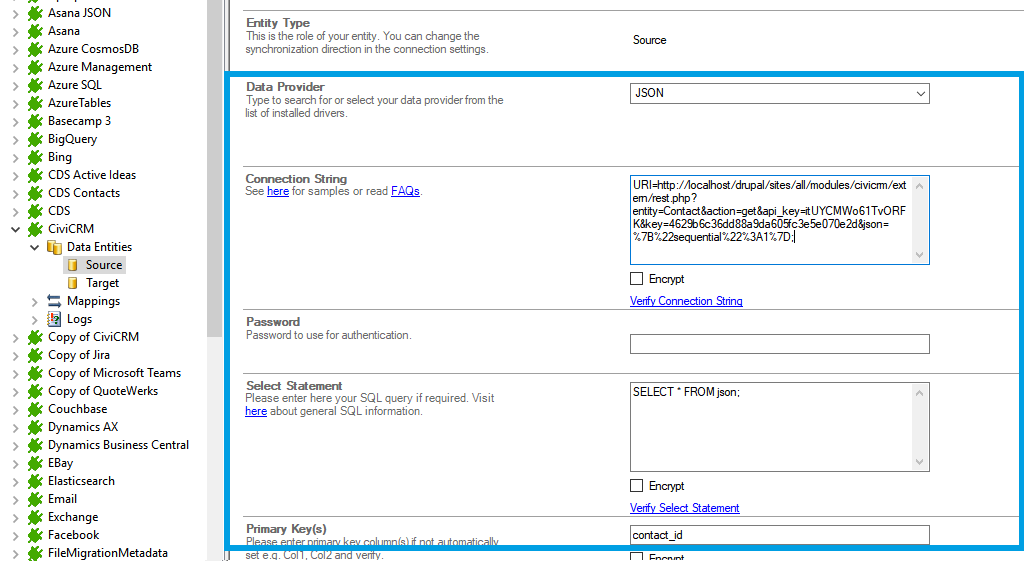 Step 2.5 CiviCRM integration connection string setup