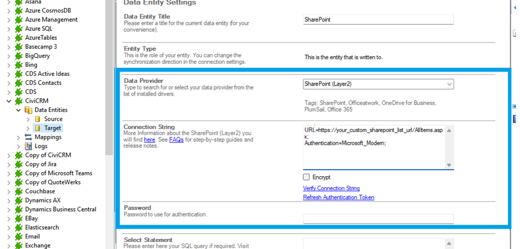 Target setup for CiviCRM integration in the Layer2 Cloud Connector