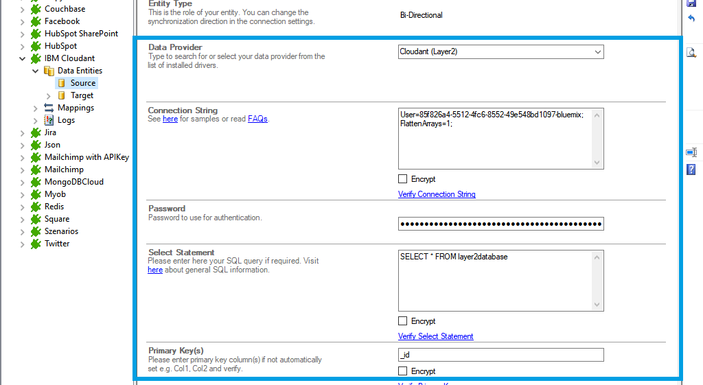 Connection string setup for Cloudant  data integration in the Layer2 Cloud Connector